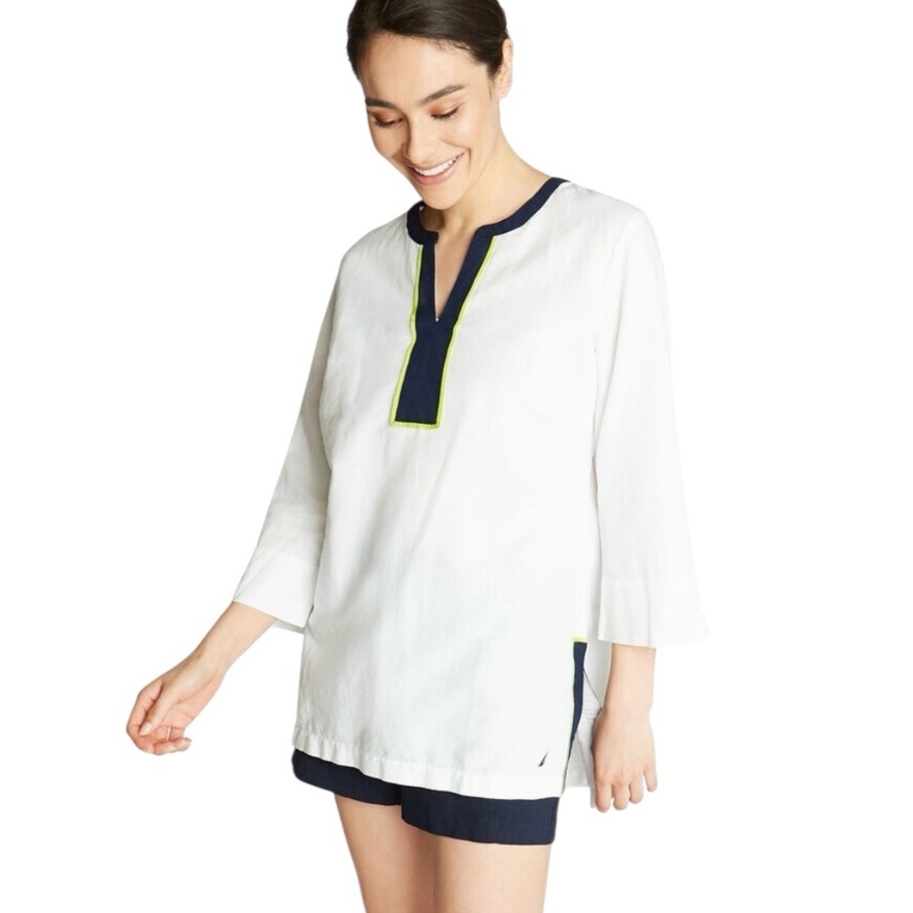 Nautica Linen Cotton Tunic Top Contrasting Trim Breathable Relaxed Fit Sz M